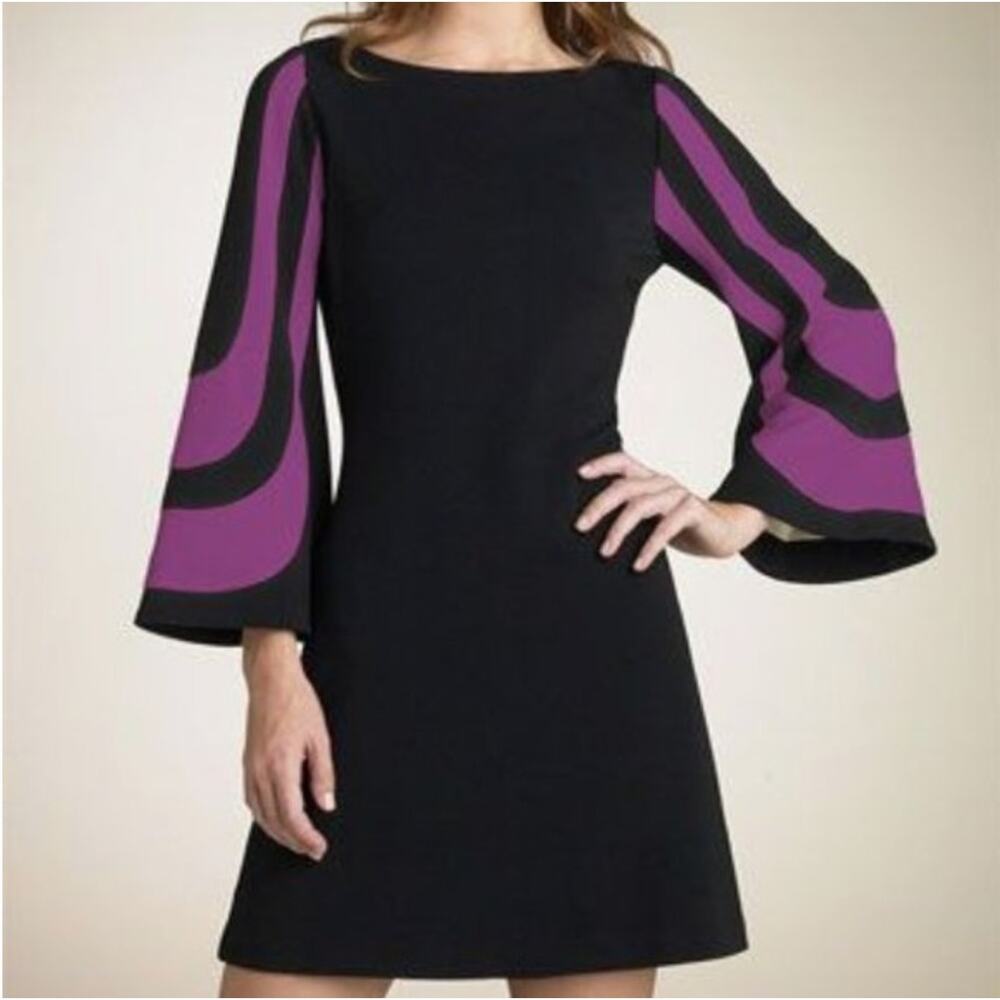 Trina Turk Dress Women Small Hijinx Black Green Mod Bell Sleeve Sheath Knit - Picture 10 of 15